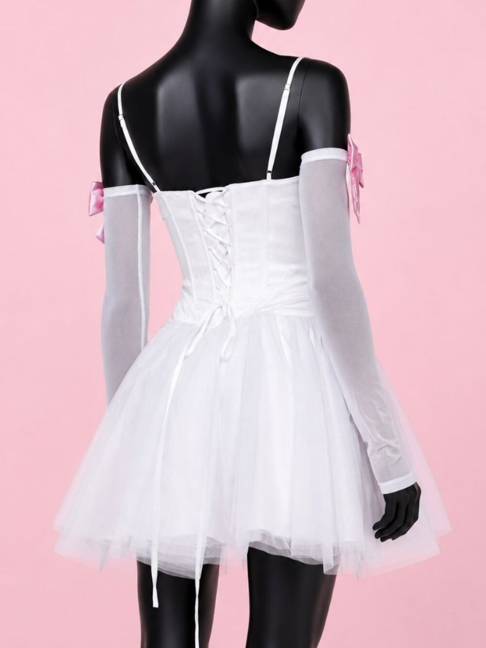 Dolls Kill Another Dance White Corset Mini Dress w/ Pink Bows XXL New w/ Gloves - Picture 2 of 4
